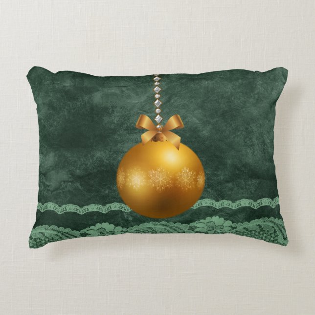 Emerald Green Faux Lace Border Gold Ornament Decorative Cushion (Front)