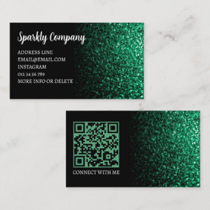 Emerald green faux sparkle black elegant QR code Business Card