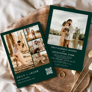 Emerald Green Five 5 Photo QR code Wedding Invitation