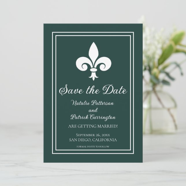 Emerald Green Fleur de Lis Save the Date Invite (Standing Front)