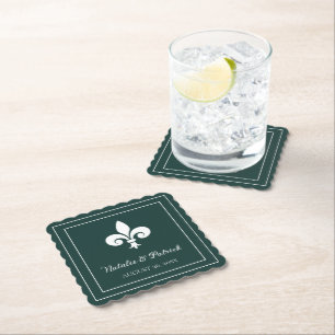 Emerald Green Fleur de Lis Wedding Paper Coasters
