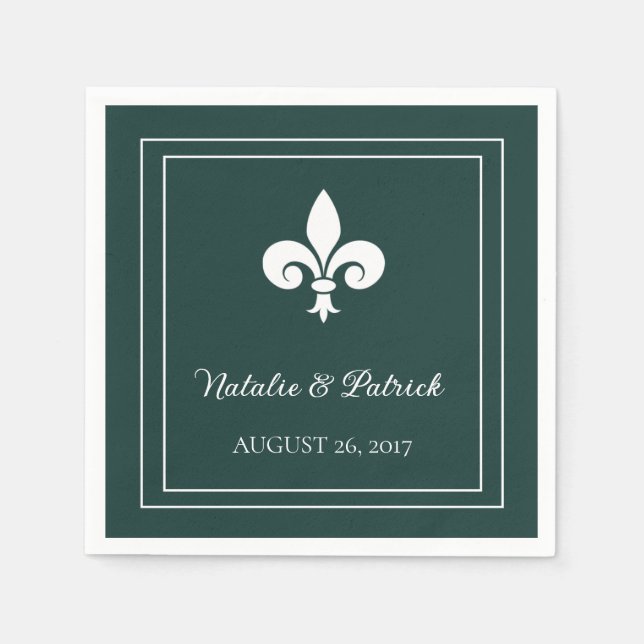Emerald Green Fleur de Lis Wedding Paper Napkins (Front)
