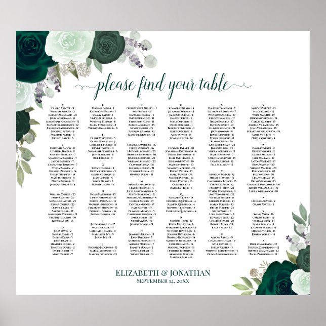 Emerald Green Floral Alphabetical Seating Chart (Front)