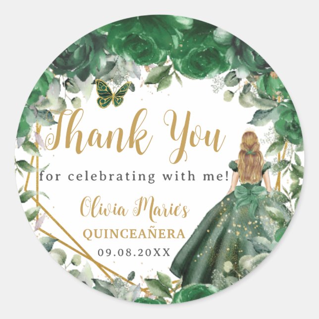 Emerald Green Floral Blonde Princess Quinceañera  Classic Round Sticker (Front)