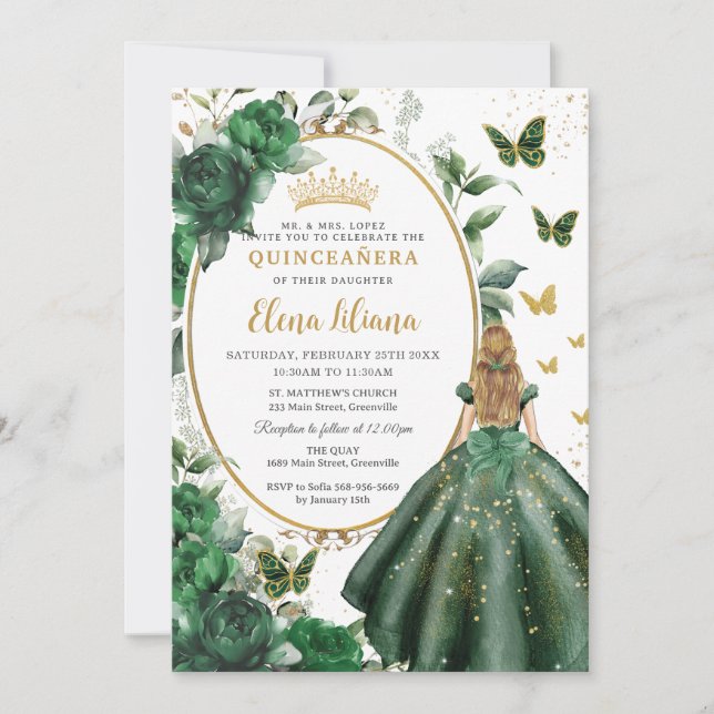 Emerald Green Floral Blonde Princess Quinceañera  Invitation (Front)