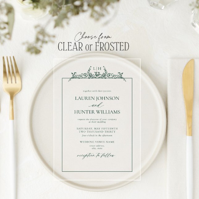 Emerald Green Floral Border Monogram Wedding Acrylic Invitations (Creator Uploaded)