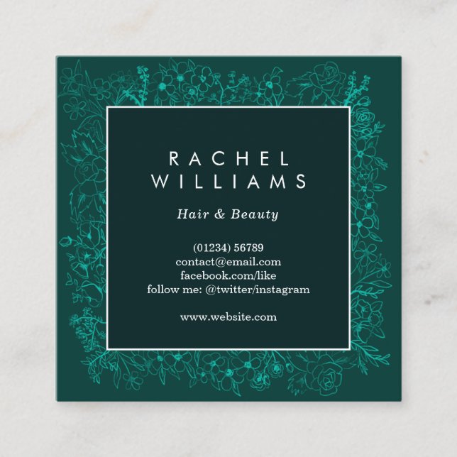 Emerald green floral border square business card (Front)