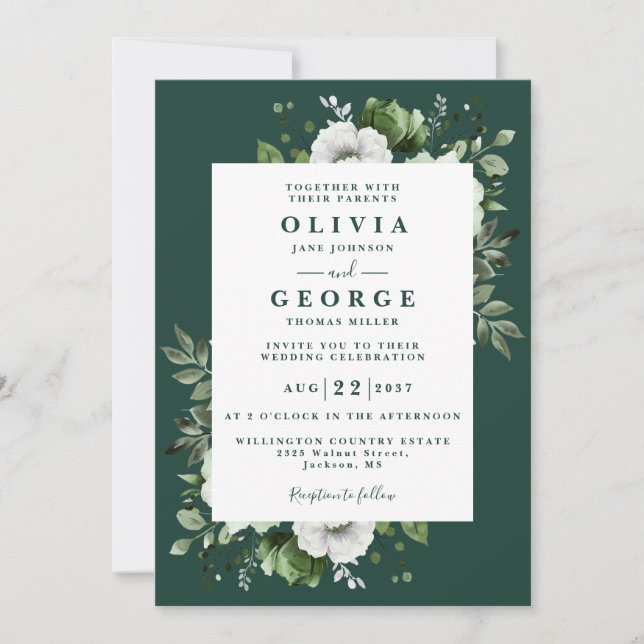 Emerald Green Floral Botanical Modern Wedding Invitation (Front)