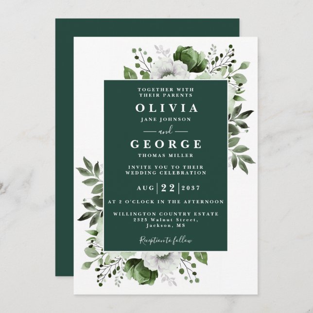 Emerald Green Floral Botanical Modern Wedding Invitation (Front/Back)