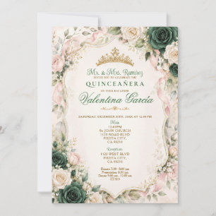 Emerald Green Floral Bow Quinceañera Invitation