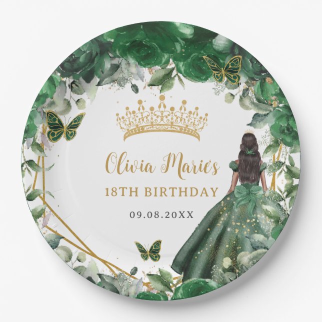 Emerald Green Floral Brown Princess 18th Birthday Paper Plate (Front)