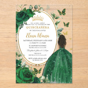 Emerald Green Floral Brown Princess Quinceañera Acrylic Invitations