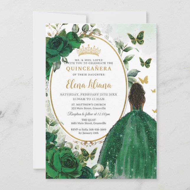 Emerald Green Floral Brown Princess Quinceañera Invitation (Front)