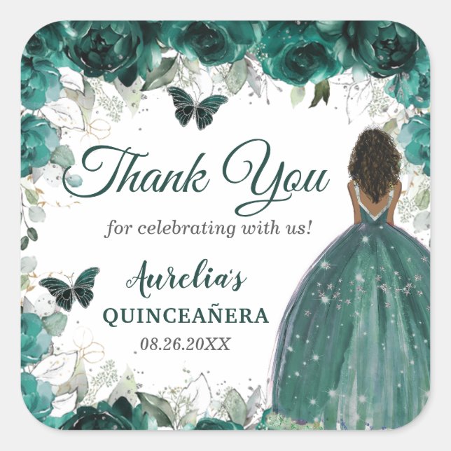 Emerald Green Floral Butterflies Brown Princess Square Sticker (Front)