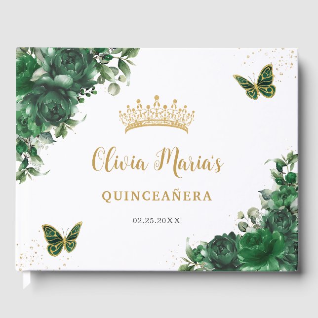 Emerald Green Floral Butterflies Gold Quinceanera Guest Book (Front)