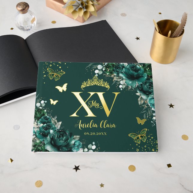 Emerald Green Floral Butterflies Gold Quinceañera  Guest Book (Front Open)