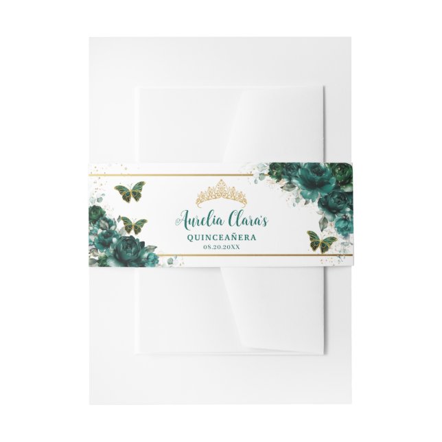 Emerald Green Floral Butterflies Gold Quinceanera Invitation Belly Band (Front Example)