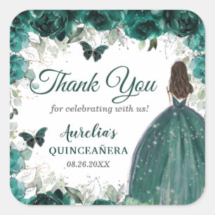 Emerald Green Floral Butterflies Princess Favour Square Sticker