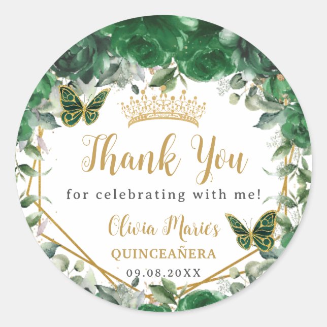 Emerald Green Floral Butterflies Quinceañera Favou Classic Round Sticker (Front)