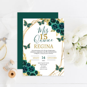 Emerald Green Floral Butterflies Quinceañera Invitation