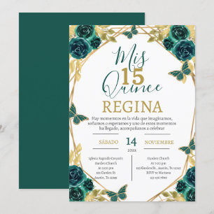Emerald Green Floral Butterflies Quinceañera Invitation