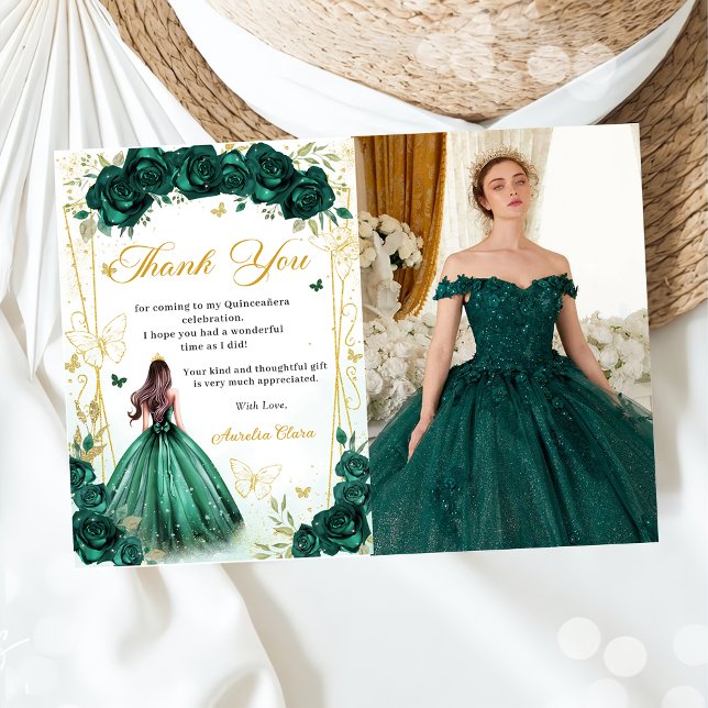 Emerald Green Floral Butterflies Quinceañera Photo Thank You Card (Creator Uploaded)