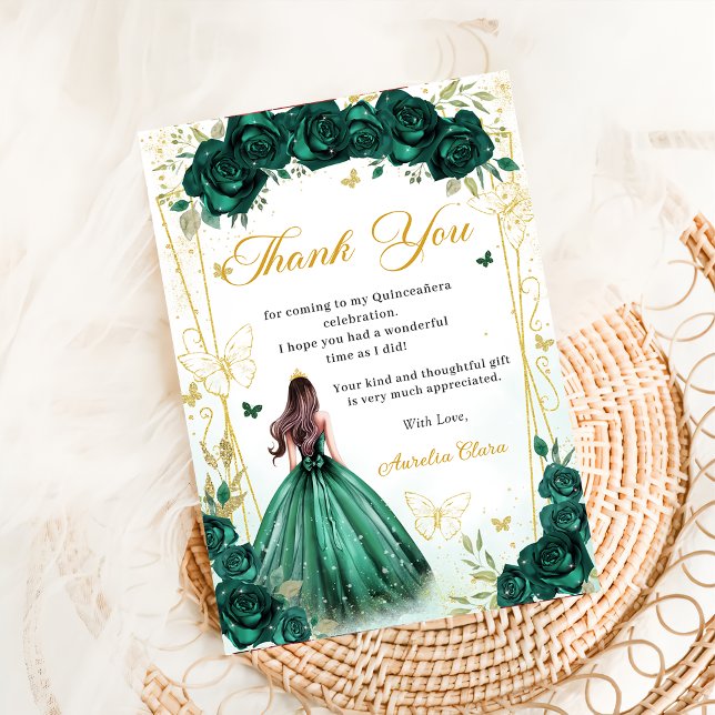 Emerald Green Floral Butterflies Quinceañera Thank You Card (Creator Uploaded)