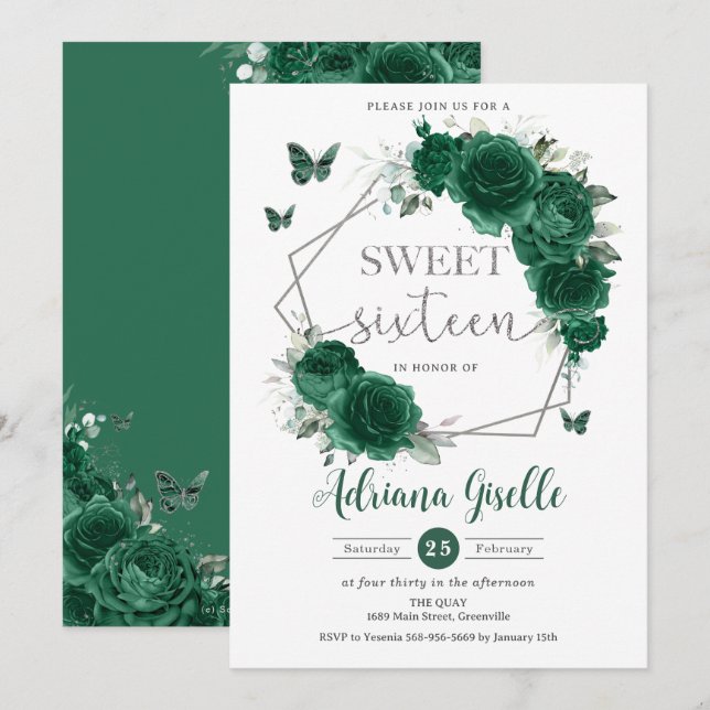 Emerald Green Floral Butterflies Sweet 16 Birthday Invitation (Front/Back)