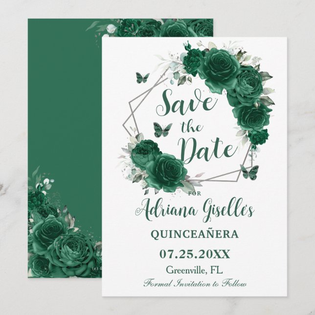 Emerald Green Floral Butterflies Sweet 16 Birthday Save The Date (Front/Back)
