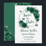 Emerald Green Floral Butterflies Sweet 16 Birthday Save The Date<br><div class="desc">Personalise this pretty emerald green floral Quinceañera / Sweet 16 birthday save the date easily and quickly. Featuring chic emerald green flowers, butterflies and silver elements. Simply click the Edit Using Design Tools button to further edit the text, wording, font style, font size, font colour, add more text, move or...</div>