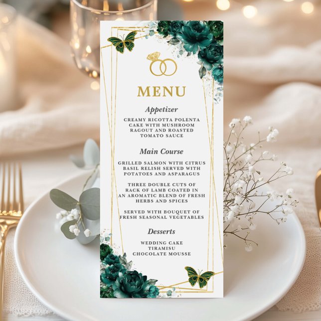 Emerald Green Floral Butterflies Wedding Slim Menu (emerald-green-floral-gold-geometric-butterflies-slim-menu-cards-for-wedding-intertwined-gold-rings)