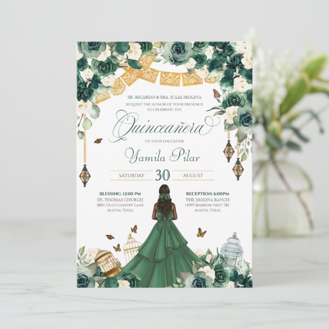Emerald Green Floral Butterfly Elegant Quince 15th Invitation (Standing Front)