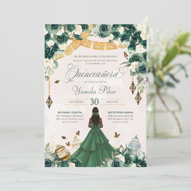 Emerald Green Floral Butterfly Elegant Quince 15th Invitation (Standing Front)