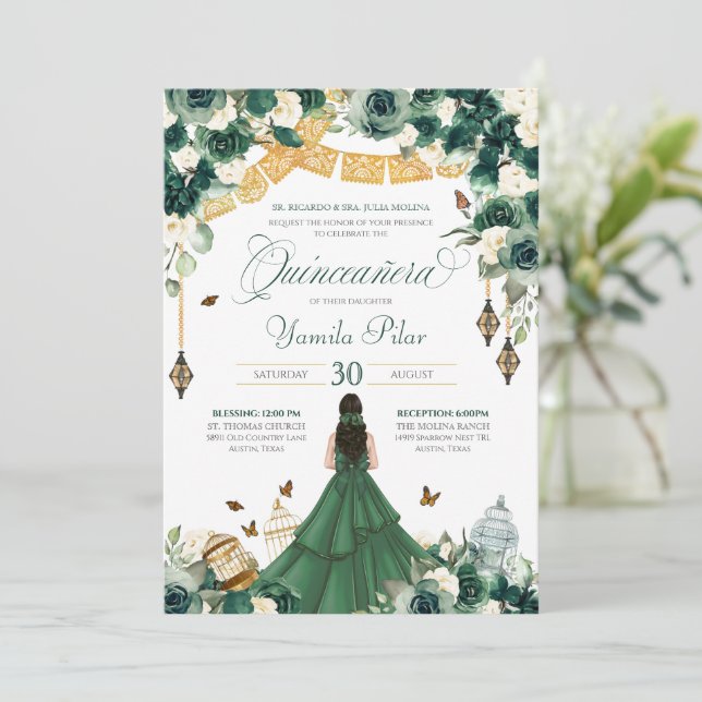 Emerald Green Floral Butterfly Elegant Quinceanera Invitation (Standing Front)