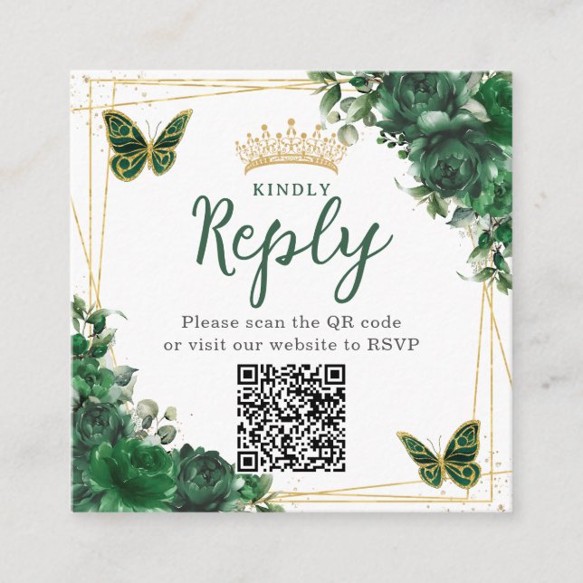 Emerald Green Floral Butterfly Quinceanera QR Code Enclosure Card (Front)