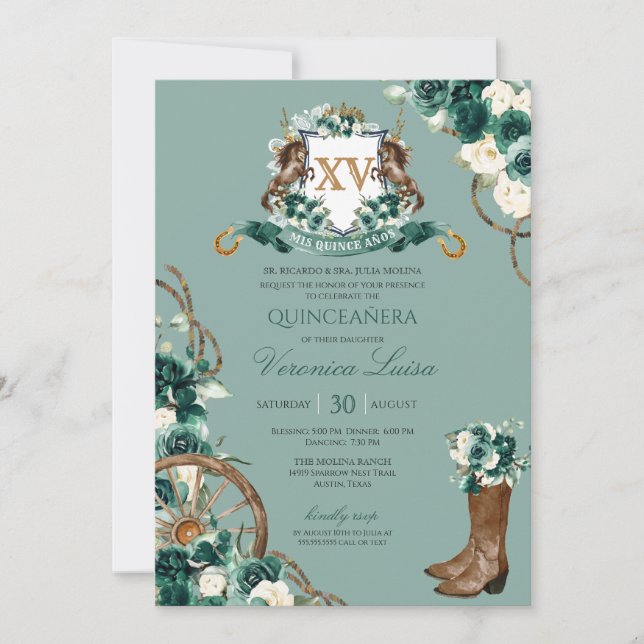 Emerald Green Floral Crest Charro Quinceanera Invi Invitation (Front)