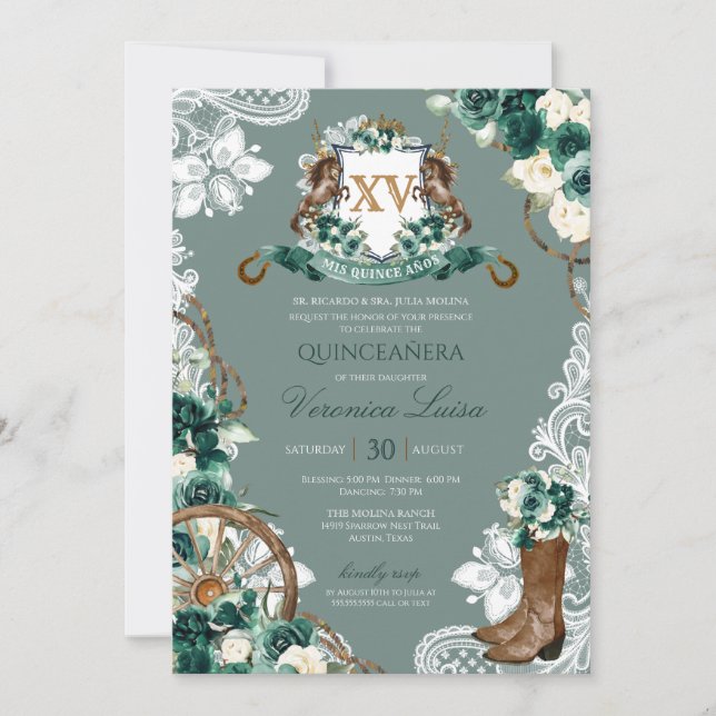 Emerald Green Floral Crest Charro Quinceanera Invi Invitation (Front)