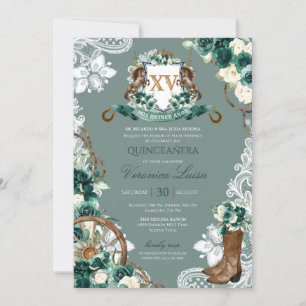 Emerald Green Floral Crest Charro Quinceanera Invi Invitation
