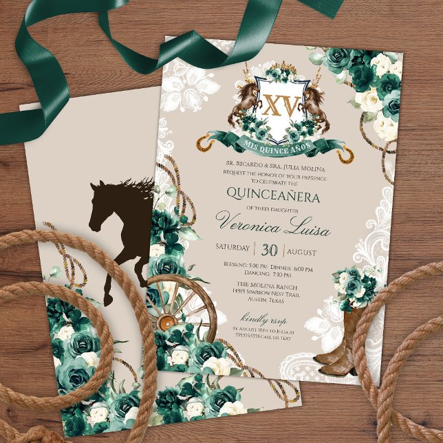 Emerald Green Floral Crest Charro Quinceanera v3 Invitation (Creator Uploaded)