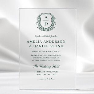 Emerald Green Floral Crest Monogram Wedding Acrylic Invitations
