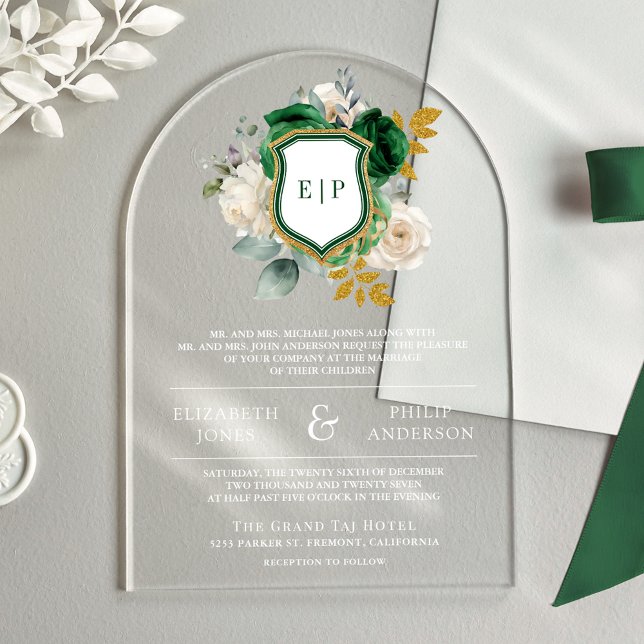 Emerald Green Floral Crest Monogram Wedding Acrylic Invitations (Creator Uploaded)