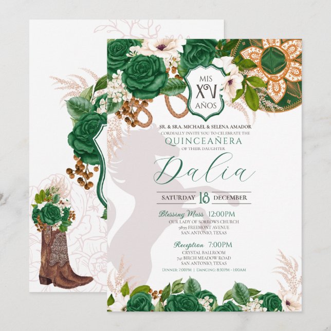 Emerald Green Floral Crest Rose Charro Quinceañera Invitation (Front/Back)
