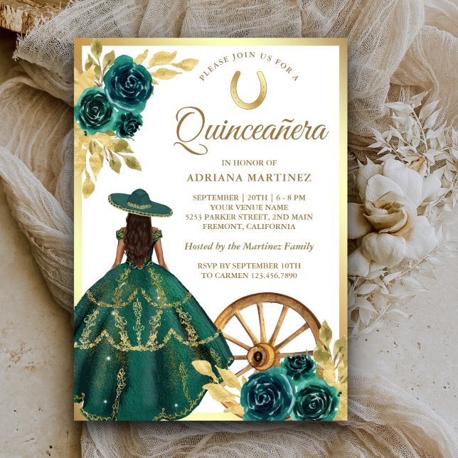 Emerald Green Floral Dress Charro Gold Quinceanera Invitation (Creator Uploaded)