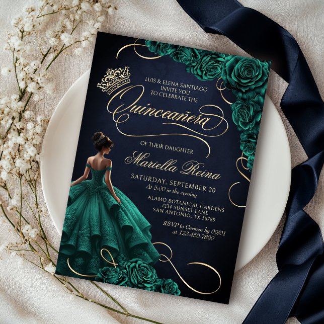 Emerald Green Floral Dress Quinceañera Invitation (Creator Uploaded)