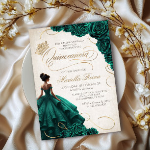 Emerald Green Floral Dress Quinceañera Invitation