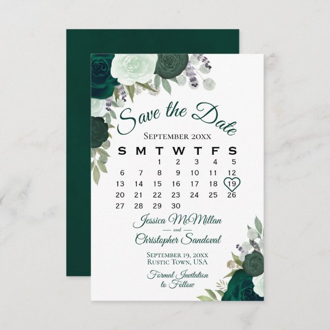 Emerald Green Floral Elegant Boho Wedding Calendar Save The Date (Front/Back)