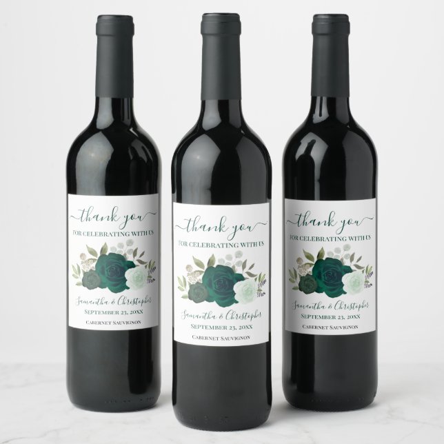 Emerald Green Floral Elegant Wedding Thank You Wine Label (Bottles)