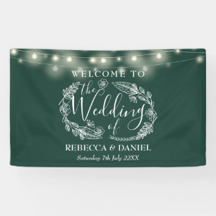 Emerald Green Floral Garland Script Wedding Banner
