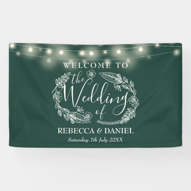Emerald Green Floral Garland Script Wedding Banner (Horizontal)