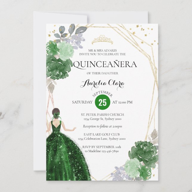 Emerald Green Floral Geometric Photo Quinceañera Invitation (Front)